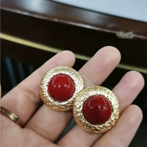 18K Gold Plated Italian Red Vintage Earrings - Picture 5 of 8